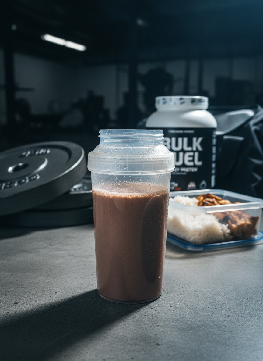 A sturdy, clear plastic shaker bottle filled with a creamy chocolate protein shake, condensation beads forming on the outside, standing on a smooth concrete gym floor. Surrounding it are minimal but telling details: a pair of metal weight plates stacked neatly, a small open gym bag revealing a container of protein powder and a budget-friendly meal prep container packed with rice and shredded chicken. Focused, cool-toned overhead gym lighting casts clean, defined shadows and a gentle sheen on the shaker’s curved surface. Shot from a low, slightly angled perspective with the shaker dominating the frame and the equipment softly blurred in the background, the photographic realism conveys a disciplined, performance-driven atmosphere that aligns with lifting, bulking, and cutting goals.
