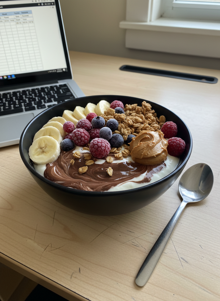 A single, deep matte-black ceramic bowl brimming with a high-protein “gym girl” power breakfast: thick Greek yogurt swirled with chocolate protein powder, topped with sliced bananas, frozen berries dusted with frost, crunchy granola clusters, and a generous spoonful of peanut butter with visible ridges. A metal teaspoon rests on a worn but clean wooden dorm-room desk next to an open laptop showing a simple spreadsheet budget. Cool, indirect afternoon light from a nearby window creates soft reflections on the yogurt’s glossy surface, with subtle shadows under the bowl. Captured at eye level with a tight, centered composition and shallow depth of field, the mood is focused yet cozy, blending photographic realism with a practical, student-budget aesthetic.