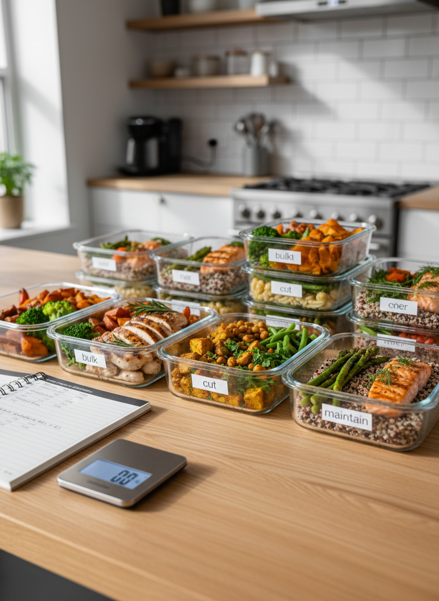 A meticulously arranged high-protein meal prep lineup featuring clear glass containers filled with colorful dishes: grilled chicken breast with visible char lines, turmeric-seasoned tofu cubes, roasted chickpeas, and fluffy quinoa. Each container is garnished with fresh herbs and neatly labeled with small minimalist stickers reading “bulk,” “cut,” and “maintain.” They rest on a light oak kitchen table beside an open budget notebook and a compact digital kitchen scale. Soft natural daylight from an unseen window washes over the scene, creating gentle shadows and subtle highlights on the glossy food surfaces. Photographed from a slightly elevated angle with shallow depth of field, the background fades into a modern, uncluttered kitchen, reinforcing a professional, clean, photographic realism suitable for a high-protein fitness blog.