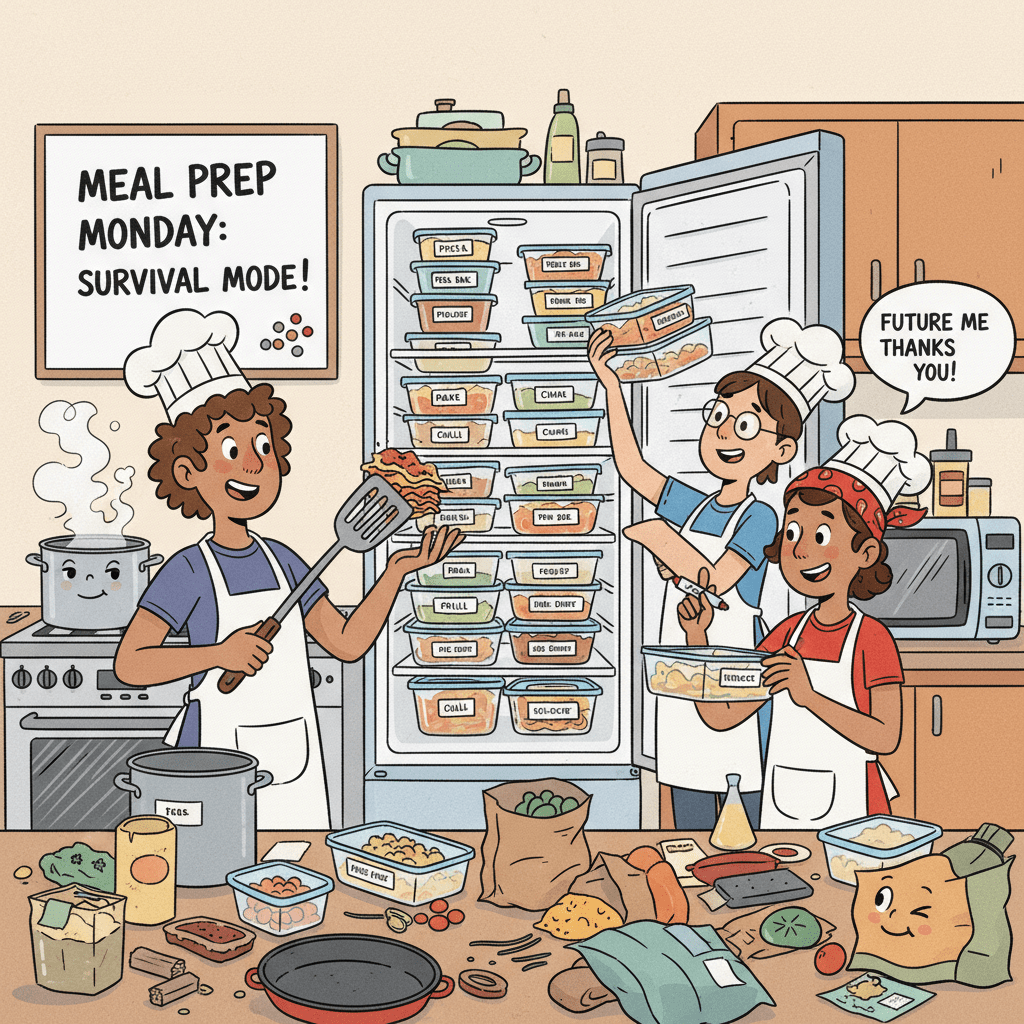 Family in chef hats filling a fridge with meal containers; text says 'MEAL PREP MONDAY: SURVIVAL MODE!'
